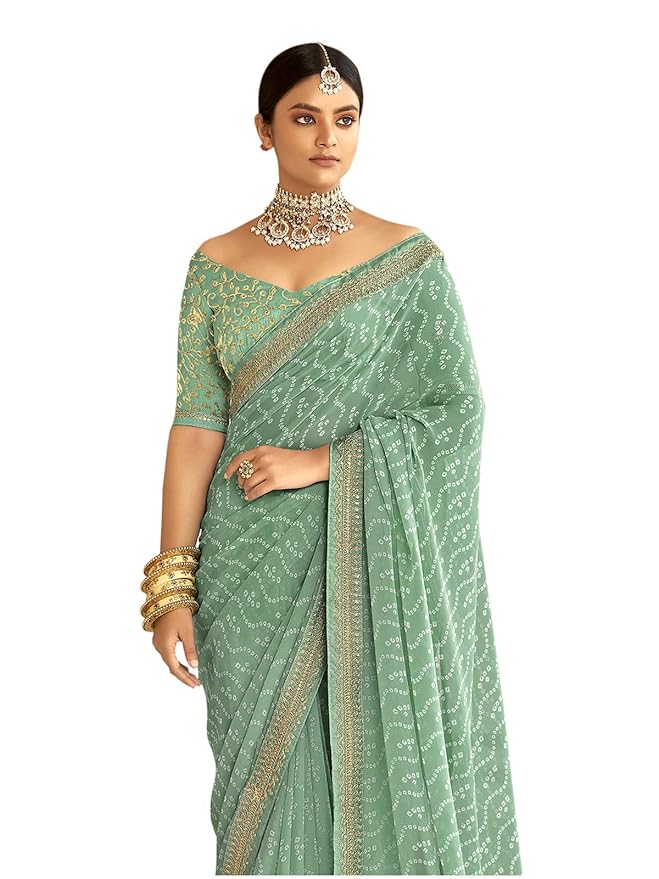 SIRIL Women's Bandhani Printed Embroidery Lace Georgette Saree with Unstitched Blouse Piece - Image 5