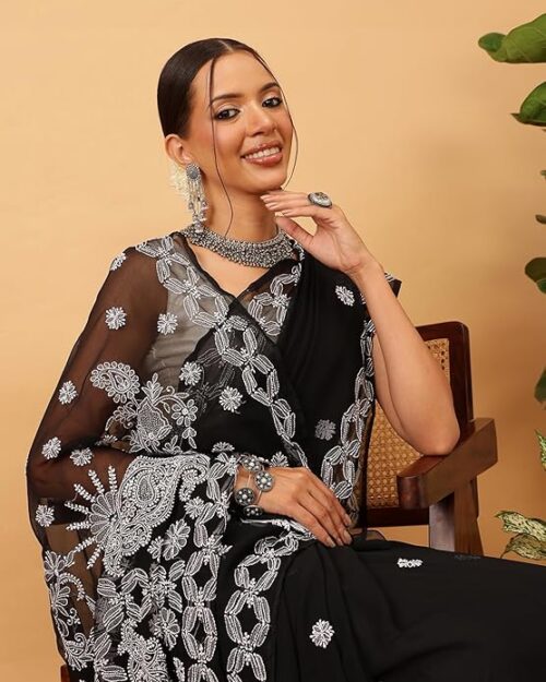 Ada Women's Hand Embroidered Lucknowi Chikankari Georgette Saree With Unstitched Blouse Piece A444222