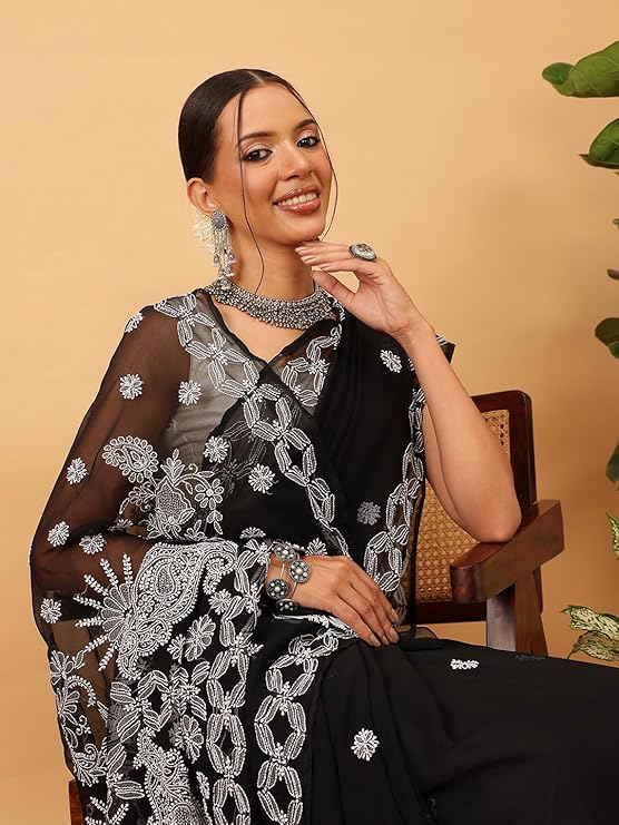 Ada Women's Hand Embroidered Lucknowi Chikankari Georgette Saree With Unstitched Blouse Piece A444222