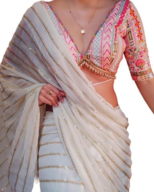 BRAHMSHAKTI Womens Georgett Embroidered Saree With Blouse Piece