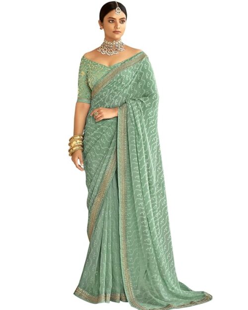 SIRIL Women's Bandhani Printed Embroidery Lace Georgette Saree with Unstitched Blouse Piece