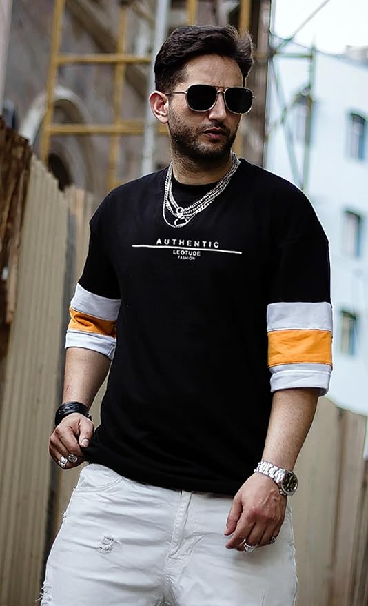 LEOTUDE Men's Cottoblend Half Sleeve Printed Oversized Drop Shoulder T-Shirt (Black Color)