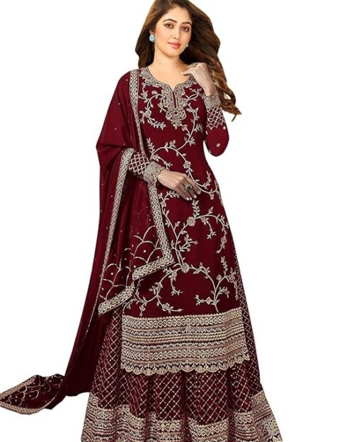 Miss Ethnik Women's Faux Georgette Semi Stitched Top With Stitched Faux Georgette Bottom and Faux Georgette Dupatta Embroidered Straight Kurta Dress Material (Kurta Palazzo Set)