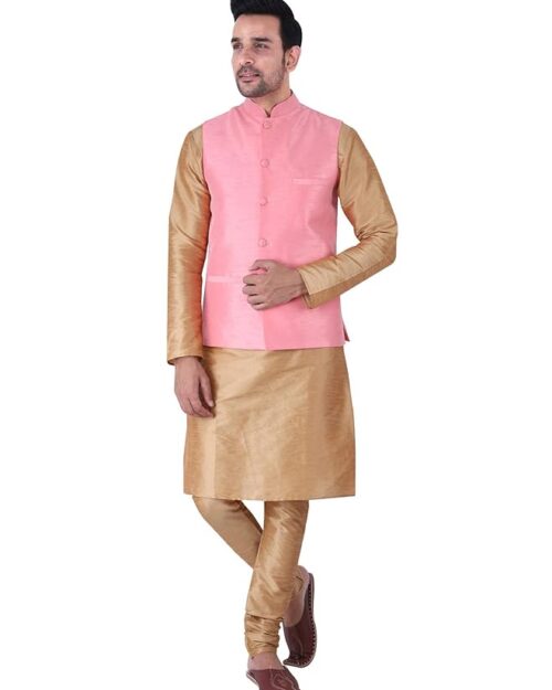HUZUR Men's Silk Kurta Pyjama/pajama With Pink Dupion/Silk Nehru Jacket Set