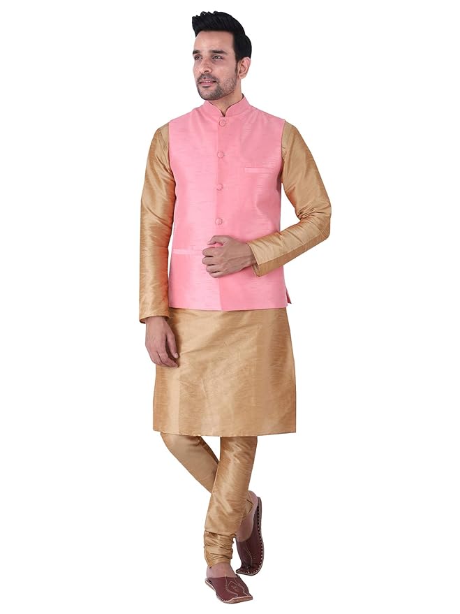 HUZUR Men's Silk Kurta Pyjama/pajama With Pink Dupion/Silk Nehru Jacket Set