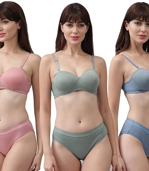 CSU Women's Cotton Half Padded Non Wired Bra and Panty Set (Pack of 3)
