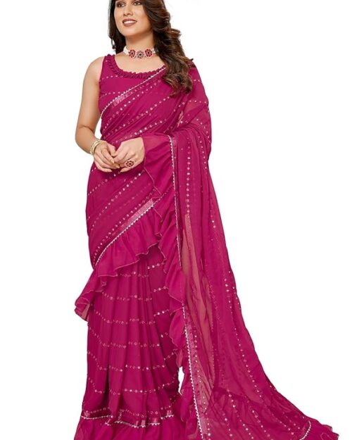 RAJESHWAR FASHION WITH RF Women's Ruffles Georgette Sarees For Women With Lace & Solid Blouse(Jacket Saree)