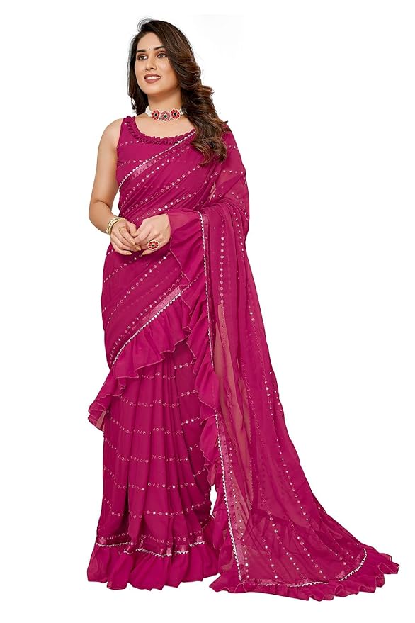 RAJESHWAR FASHION WITH RF Women's Ruffles Georgette Sarees For Women With Lace & Solid Blouse(Jacket Saree)