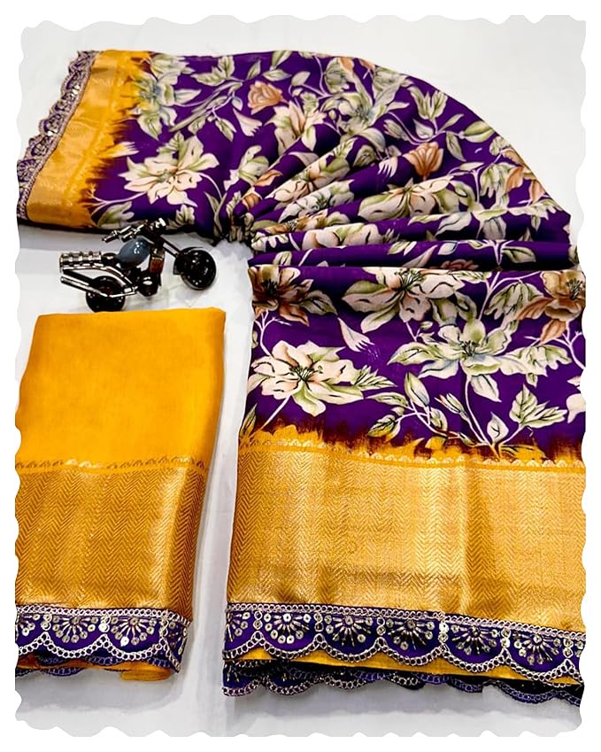 Peachmode Women's Purple Floral Printed Dola Silk Saree with Zari Border | Latest Design 2024 | Party Wear | Wedding & Festive Occasions | Ethnic Wear | Silk Saree with Unstitched Blouse Piece