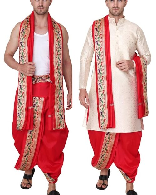 Rameshwaram Fabrics Kurta for Men with Readymade Dhoti with Stole Set