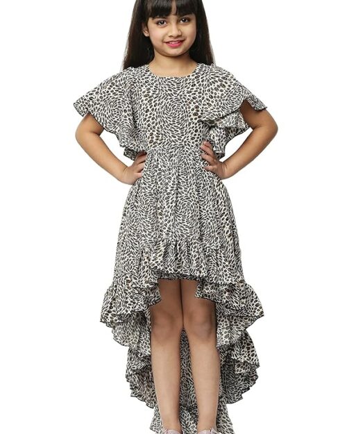 Shahina Fashion Girls' Casual High Low Dress Animal Print Summer Dress Multicolor Poly Crepe Kidswear Dress/Frock for Girls (SF2023002_6-7Years - Multi) Multicolour