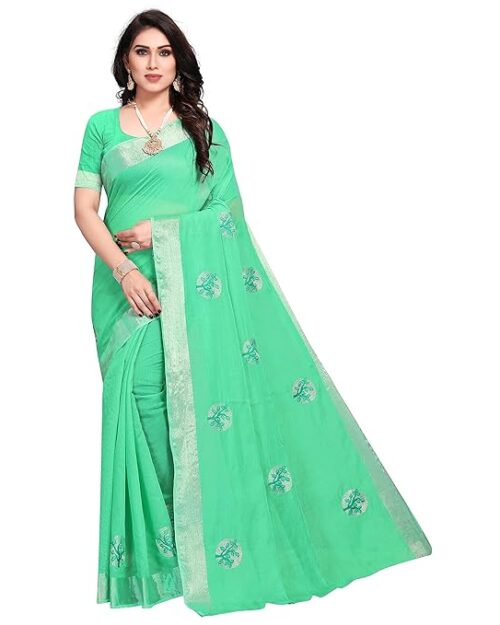 Sidhidata Women's Embroidered Cotton Linen Silver Zari Patta Saree With Unstitched Blouse Piece