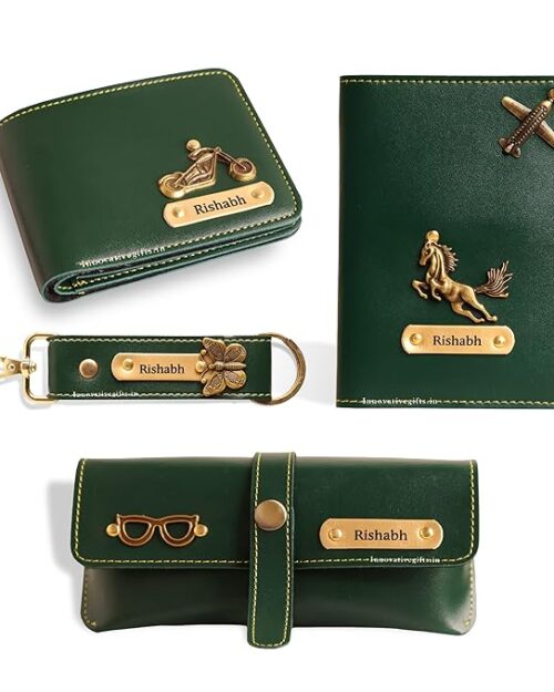 Innovative Gifts Men's Customized Leather Gift Combo Set I Personalized Wallet, Keychain, Sunglass & Passport Cover with Name & Charm I for Boyfriend Men Husband Birthday Anniversary Wedding (Olive)