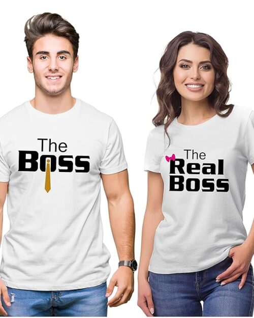 Hangout Hub Hangout-Hub024$P Couple Tshirts for Couples | Printed The Boss The Real Boss T-Shirts | Men's and Women's Round Neck T-Shirt (Pack of 2, Cotton, Half Sleeves)