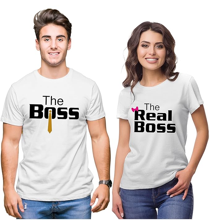 Hangout Hub Hangout-Hub024$P Couple Tshirts for Couples | Printed The Boss The Real Boss T-Shirts | Men's and Women's Round Neck T-Shirt (Pack of 2, Cotton, Half Sleeves)