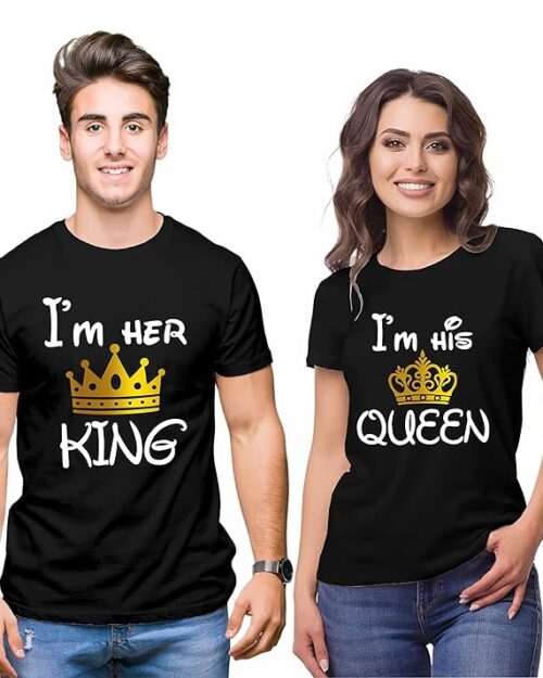 Hangout Hub Hangout-Hub850$P Couple T Shirts for Couples | Printed I Am Her King His Queen T-Shirt for Men Women Couples (Set of 2 | Regulat Fit | Cotton)