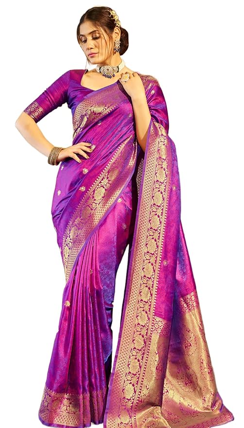 SWORNOF Womens Kanjivaram Banarasi Silk Saree Patola saree with Unstitched blouse piece