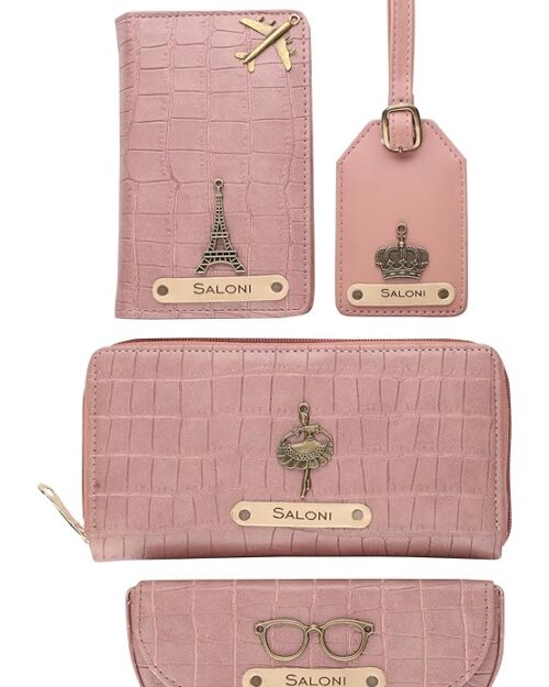 AICA Personalized Name & Charm Self-Textured Leather Wallet Women’s Combo Giftset (NudePink) | Birthday Anniversary Wedding Gifts for Women
