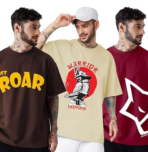 LEOTUDE Men Half Sleeve Oversized Tshirt, Round Neck Longline Drop Shoulder | Colorful Printed Combo Regular Fit T-Shirt (Pack Of 3)