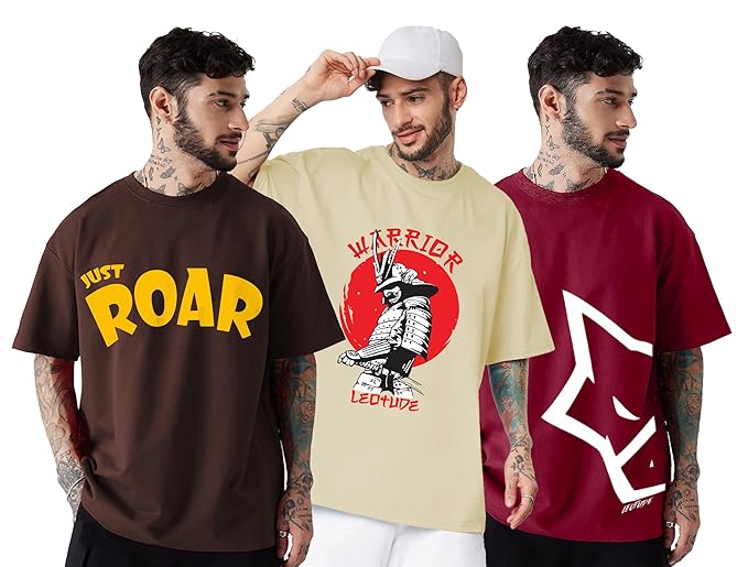 LEOTUDE Men Half Sleeve Oversized Tshirt, Round Neck Longline Drop Shoulder | Colorful Printed Combo Regular Fit T-Shirt (Pack Of 3)